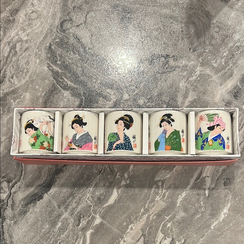Porcelain Sake Cup Set with Geisha Design - Multicolor